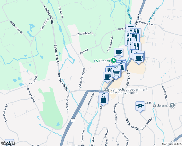 map of restaurants, bars, coffee shops, grocery stores, and more near 88 Silvermine Crossing in Norwalk