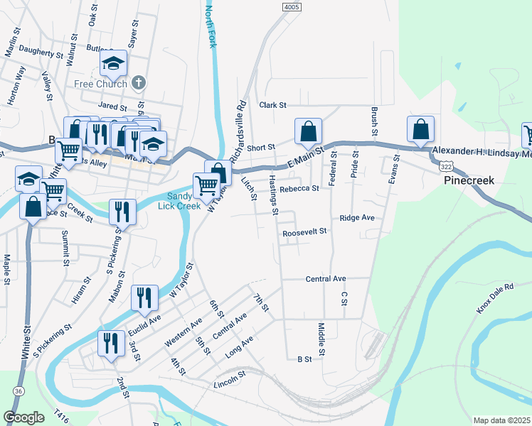 map of restaurants, bars, coffee shops, grocery stores, and more near Spruce Street in Brookville