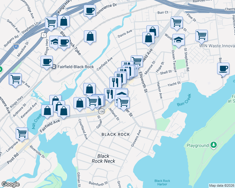 map of restaurants, bars, coffee shops, grocery stores, and more near 2806 Fairfield Avenue in Bridgeport