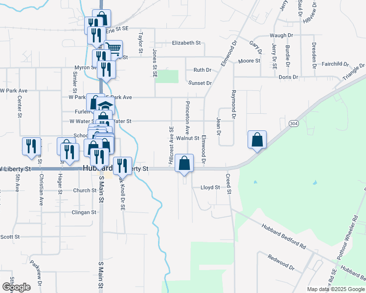map of restaurants, bars, coffee shops, grocery stores, and more near 139 Hillcrest Avenue Southeast in Hubbard
