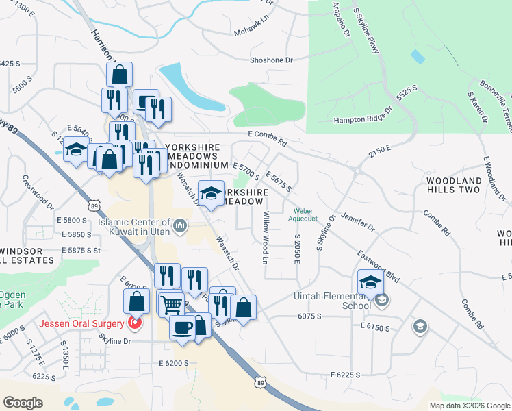 map of restaurants, bars, coffee shops, grocery stores, and more near 5780 Village Way in South Ogden