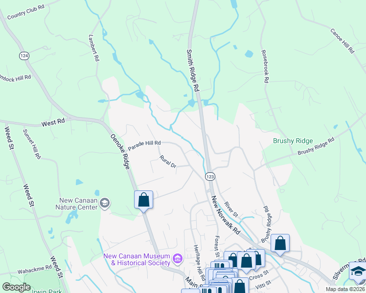 map of restaurants, bars, coffee shops, grocery stores, and more near 107 Parade Hill Road in New Canaan