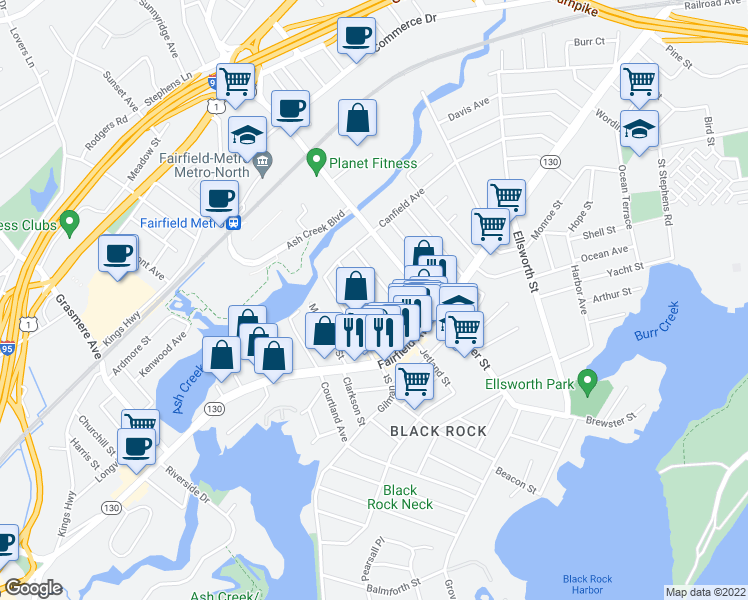 map of restaurants, bars, coffee shops, grocery stores, and more near 170 Bennett Street in Bridgeport