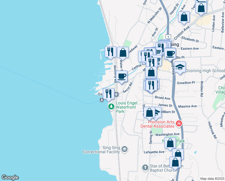 map of restaurants, bars, coffee shops, grocery stores, and more near in Ossining