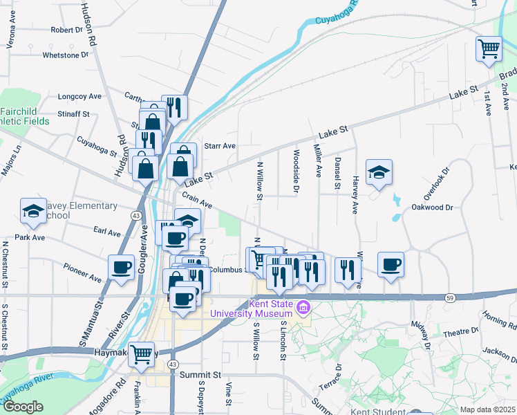 map of restaurants, bars, coffee shops, grocery stores, and more near 601 North Willow Street in Kent