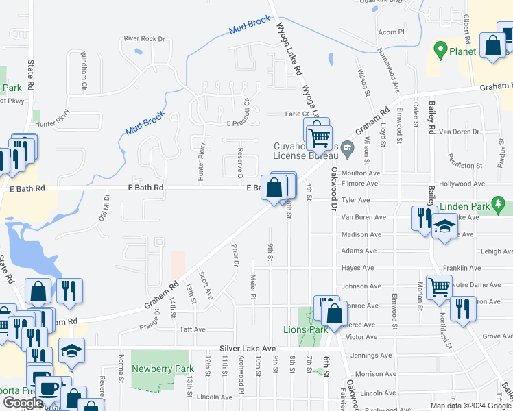 map of restaurants, bars, coffee shops, grocery stores, and more near 432 East Bath Road in Cuyahoga Falls