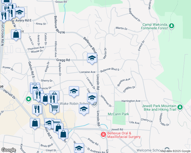 map of restaurants, bars, coffee shops, grocery stores, and more near 1204 Lorraine Avenue in Bellevue