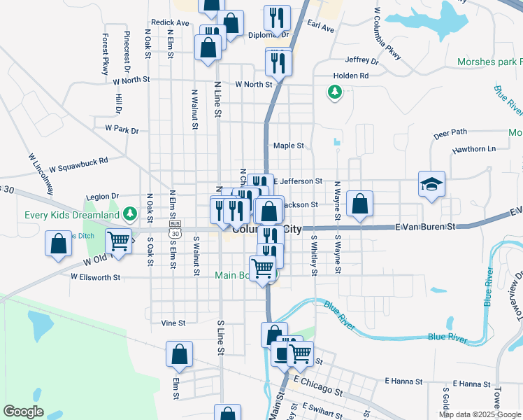 map of restaurants, bars, coffee shops, grocery stores, and more near 200 North Main Street in Columbia City