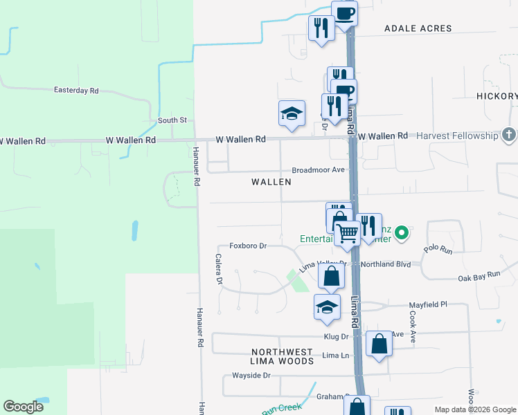 map of restaurants, bars, coffee shops, grocery stores, and more near 2106 Gillmore Drive in Fort Wayne