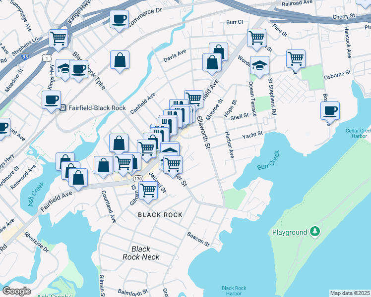 map of restaurants, bars, coffee shops, grocery stores, and more near 71 Melrose Avenue in Bridgeport