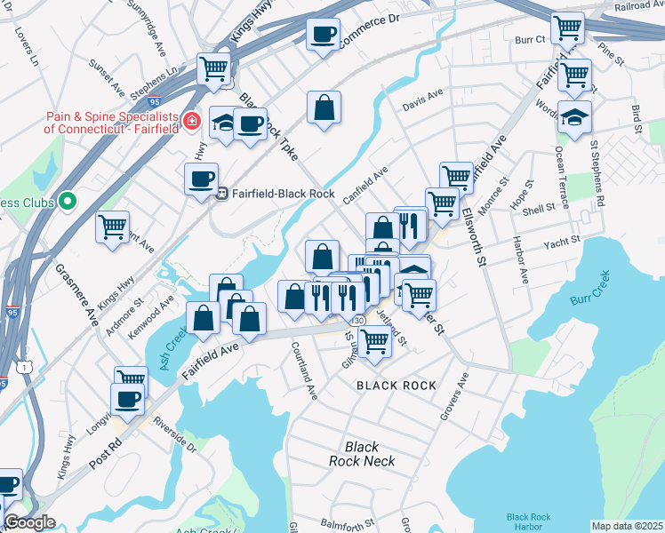 map of restaurants, bars, coffee shops, grocery stores, and more near 170 Bennett Street in Bridgeport