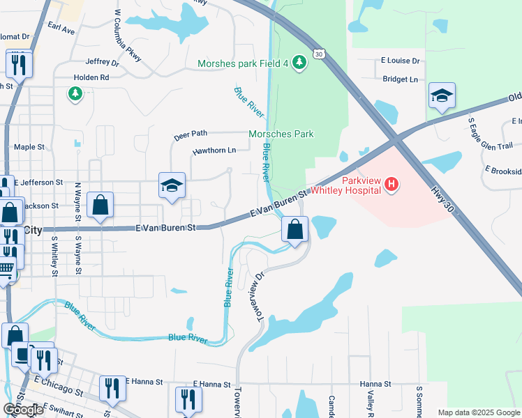map of restaurants, bars, coffee shops, grocery stores, and more near 214 Park Terrace Boulevard in Columbia City