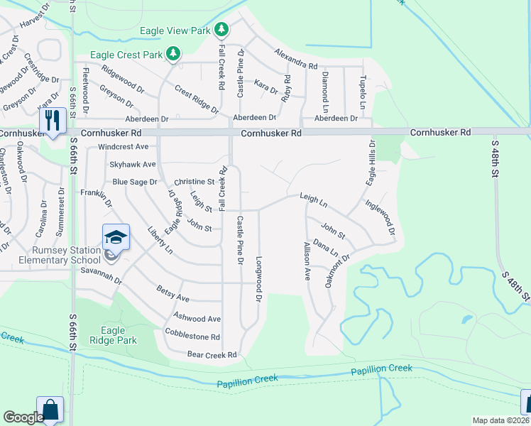 map of restaurants, bars, coffee shops, grocery stores, and more near 2408 Leigh Lane in Papillion
