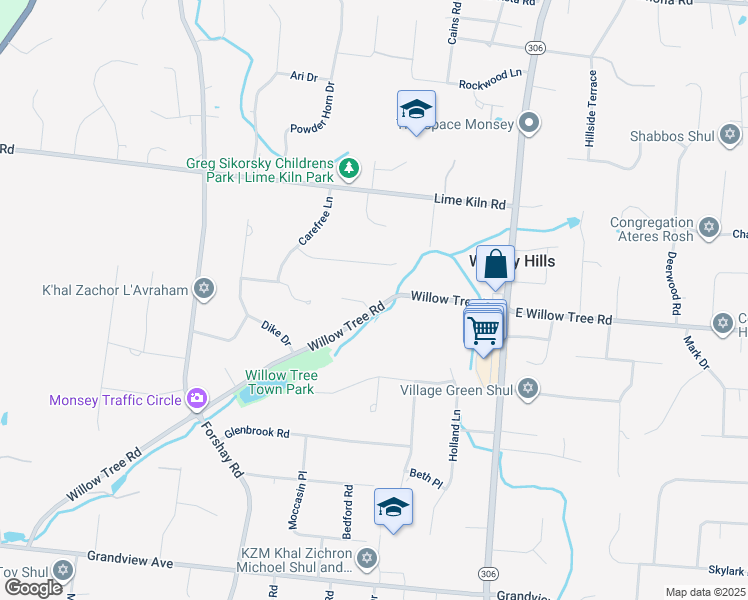 map of restaurants, bars, coffee shops, grocery stores, and more near 68 Willow Tree Road in Monsey