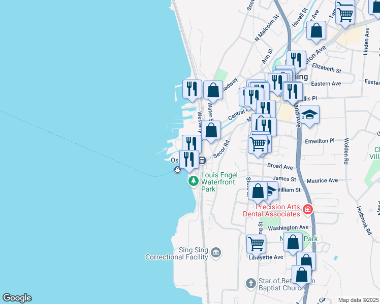 map of restaurants, bars, coffee shops, grocery stores, and more near 1 Harbor Square in Ossining