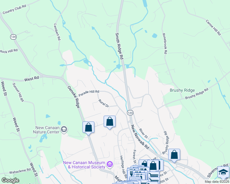 map of restaurants, bars, coffee shops, grocery stores, and more near 107 Parade Hill Road in New Canaan