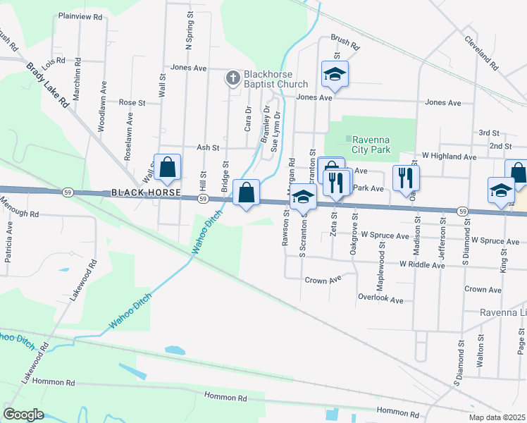 map of restaurants, bars, coffee shops, grocery stores, and more near 3540 Kent - Ravenna Road in Ravenna