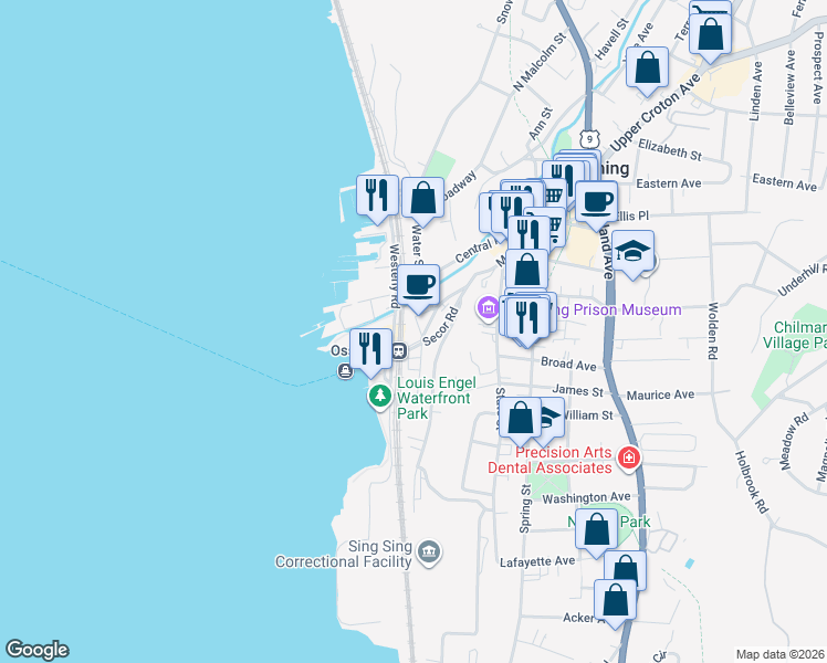 map of restaurants, bars, coffee shops, grocery stores, and more near 26 Main Street in Ossining