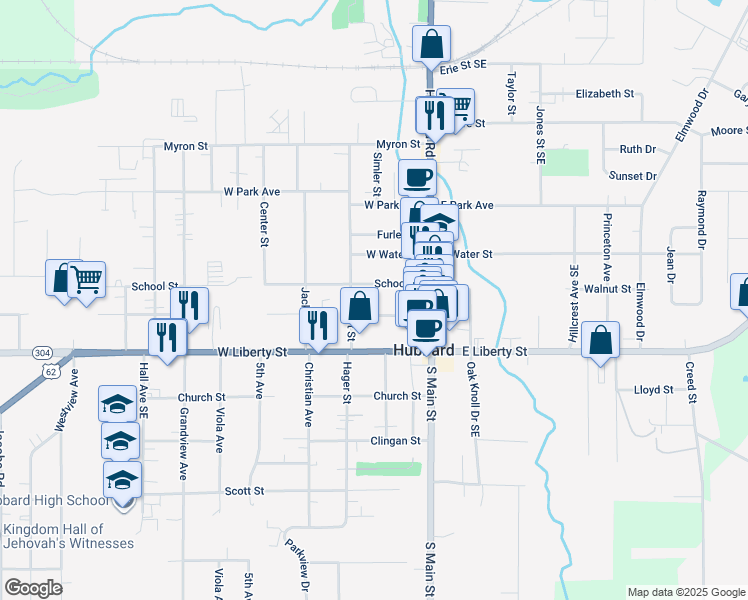 map of restaurants, bars, coffee shops, grocery stores, and more near 110 Orchard Avenue in Hubbard