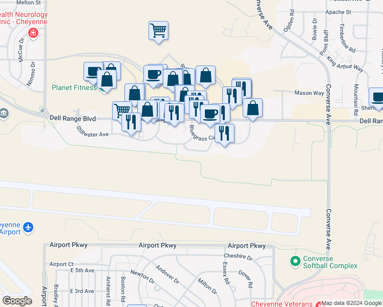 map of restaurants, bars, coffee shops, grocery stores, and more near 1808 Edgewater Avenue in Cheyenne