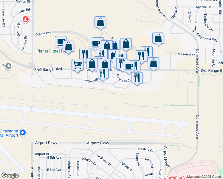 map of restaurants, bars, coffee shops, grocery stores, and more near 1808 Edgewater Avenue in Cheyenne