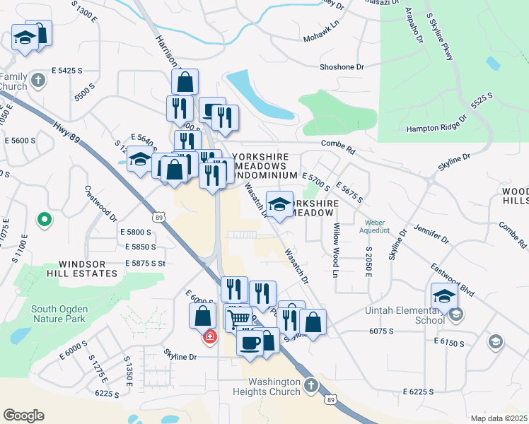 map of restaurants, bars, coffee shops, grocery stores, and more near 5725 Wasatch Drive in Ogden