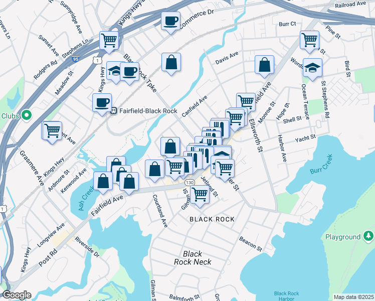 map of restaurants, bars, coffee shops, grocery stores, and more near 130 Wilson Street in Bridgeport