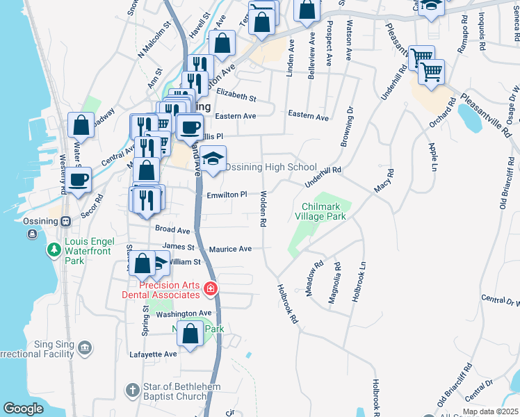 map of restaurants, bars, coffee shops, grocery stores, and more near 24 Wolden Road in Ossining