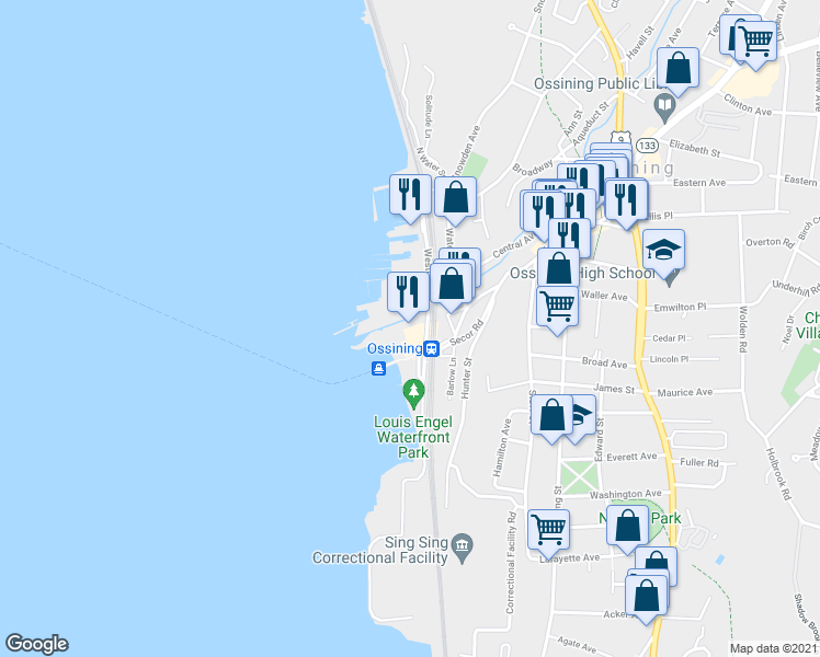 map of restaurants, bars, coffee shops, grocery stores, and more near 1 Harbor Square in Ossining