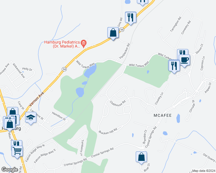 map of restaurants, bars, coffee shops, grocery stores, and more near 54 Clubhouse Road in Hamburg