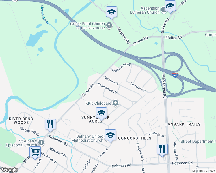 map of restaurants, bars, coffee shops, grocery stores, and more near 5237 Rothermere Drive in Fort Wayne