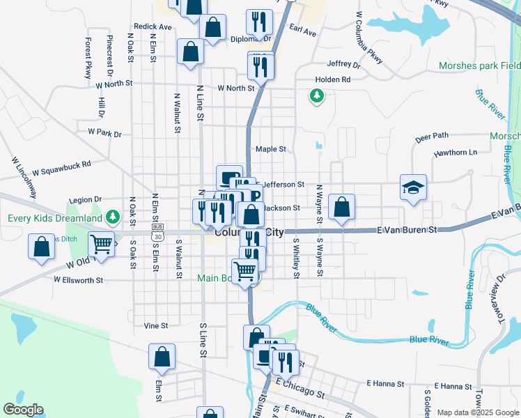 map of restaurants, bars, coffee shops, grocery stores, and more near 200-298 North Main Street in Columbia City