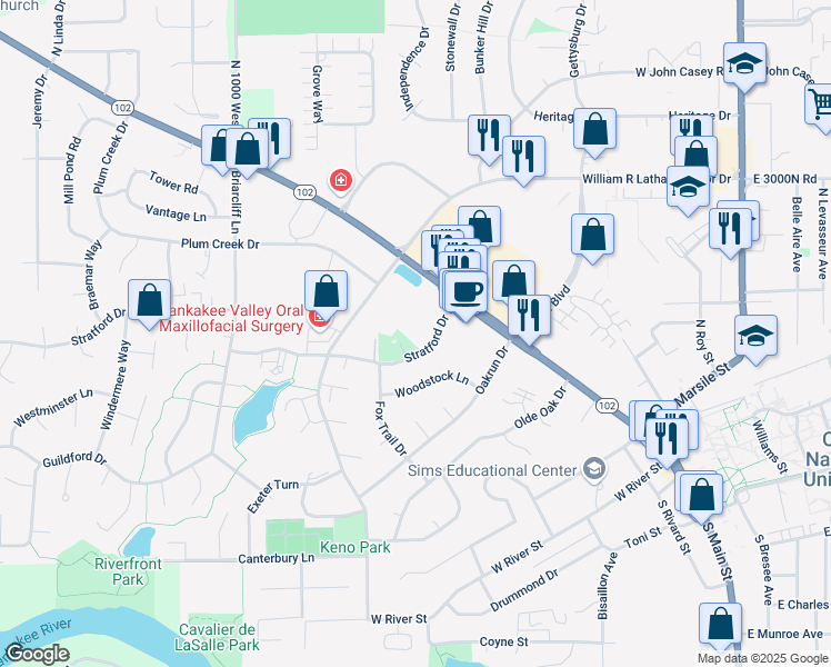 map of restaurants, bars, coffee shops, grocery stores, and more near 713 Stratford Drive East in Bourbonnais