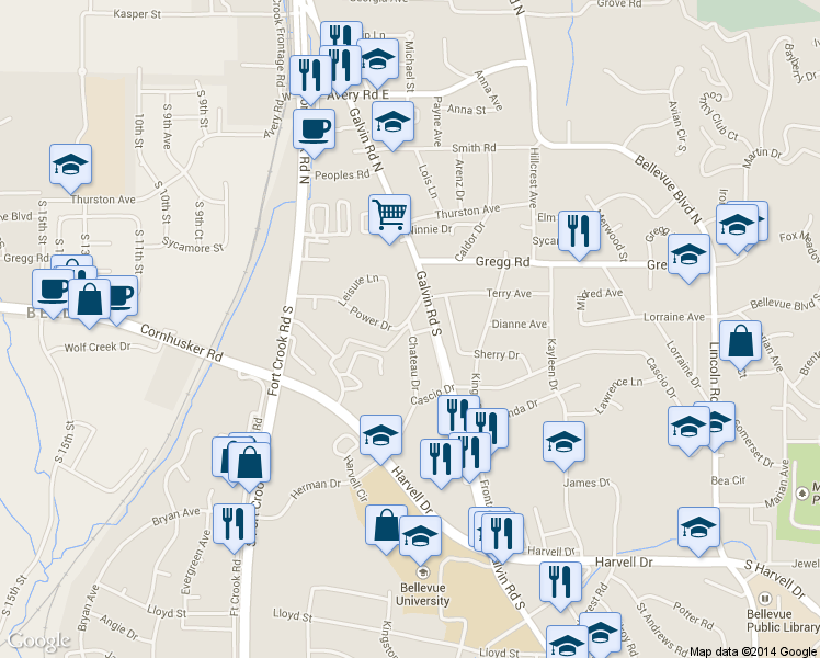 map of restaurants, bars, coffee shops, grocery stores, and more near 310 Chateau Drive in Bellevue