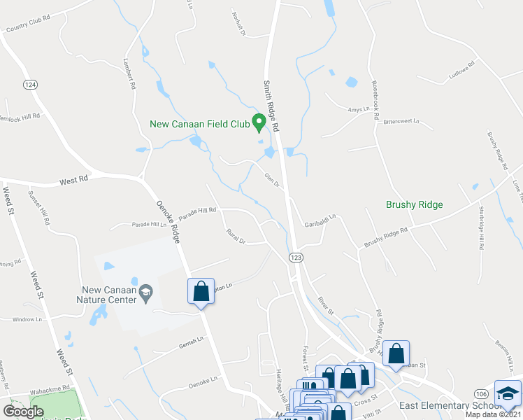 map of restaurants, bars, coffee shops, grocery stores, and more near 107 Parade Hill Road in New Canaan