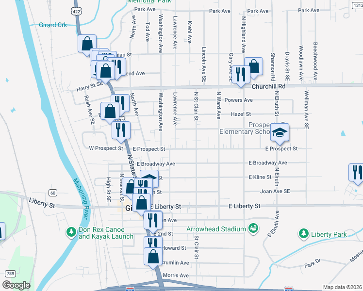 map of restaurants, bars, coffee shops, grocery stores, and more near 326 Williams Court in Girard