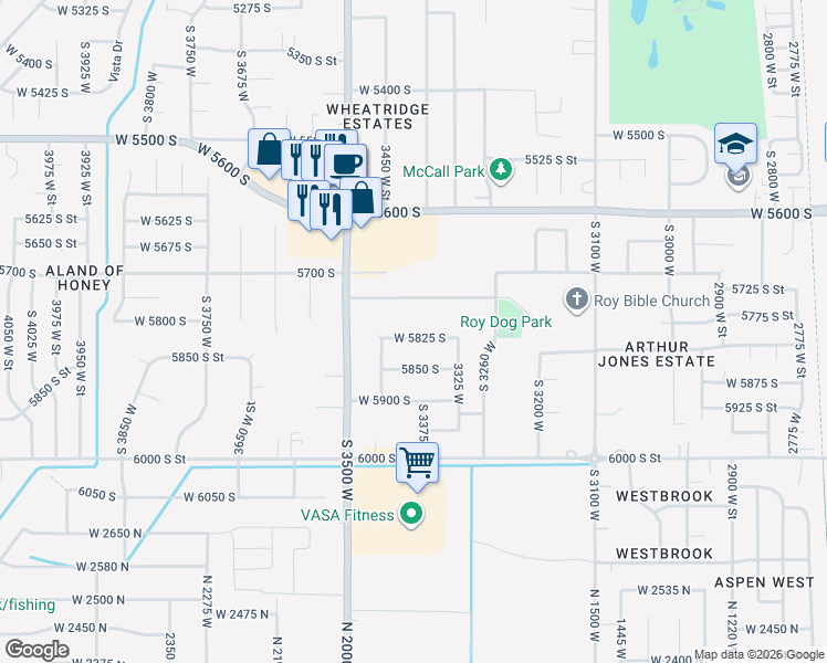 map of restaurants, bars, coffee shops, grocery stores, and more near 3418 5825 South in Roy