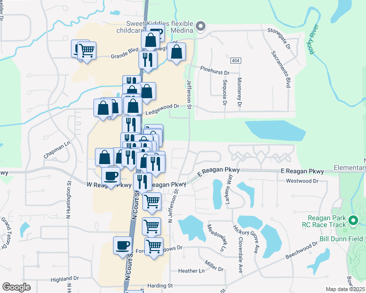 map of restaurants, bars, coffee shops, grocery stores, and more near 1151 North Jefferson Street in Medina