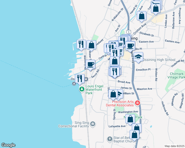 map of restaurants, bars, coffee shops, grocery stores, and more near 36 Main Street in Ossining