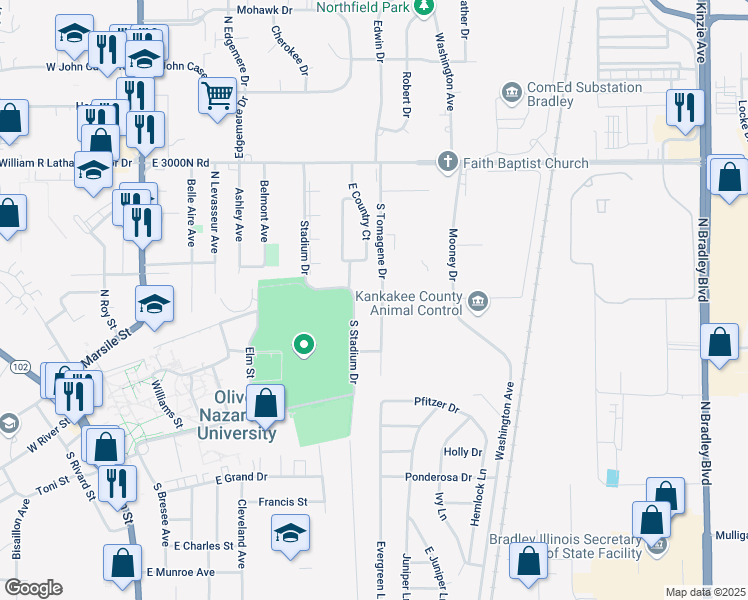 map of restaurants, bars, coffee shops, grocery stores, and more near 127 North Tomagene Drive in Bourbonnais