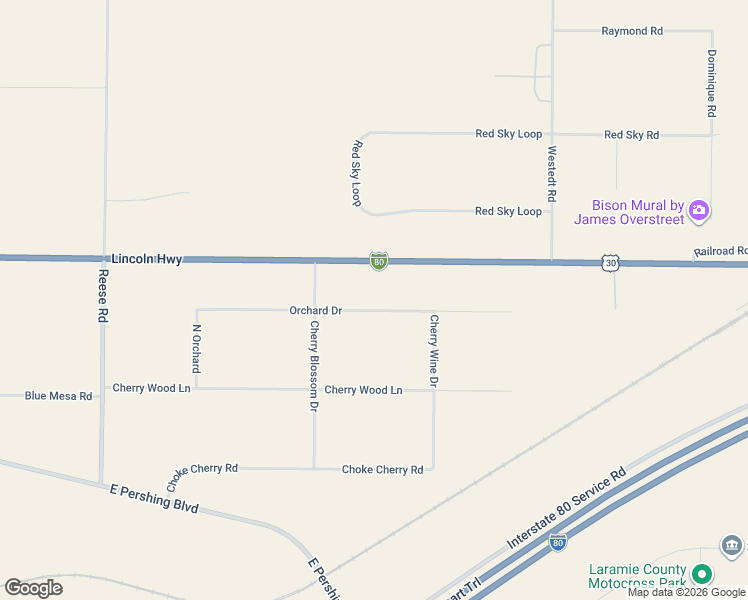 map of restaurants, bars, coffee shops, grocery stores, and more near 10668 Orchard Drive in Cheyenne