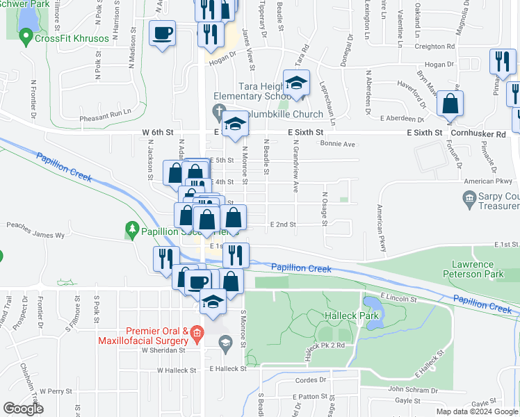 map of restaurants, bars, coffee shops, grocery stores, and more near 337 East 3rd Street in Papillion