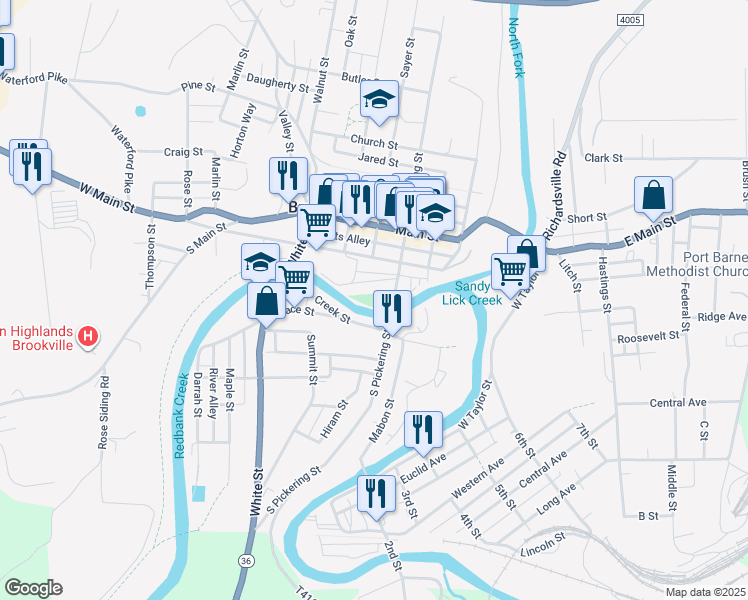 map of restaurants, bars, coffee shops, grocery stores, and more near 5 South Pickering Street in Brookville
