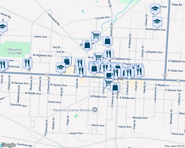 map of restaurants, bars, coffee shops, grocery stores, and more near 268 West Main Street in Ravenna