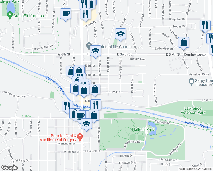 map of restaurants, bars, coffee shops, grocery stores, and more near 339 East 3rd Street in Papillion
