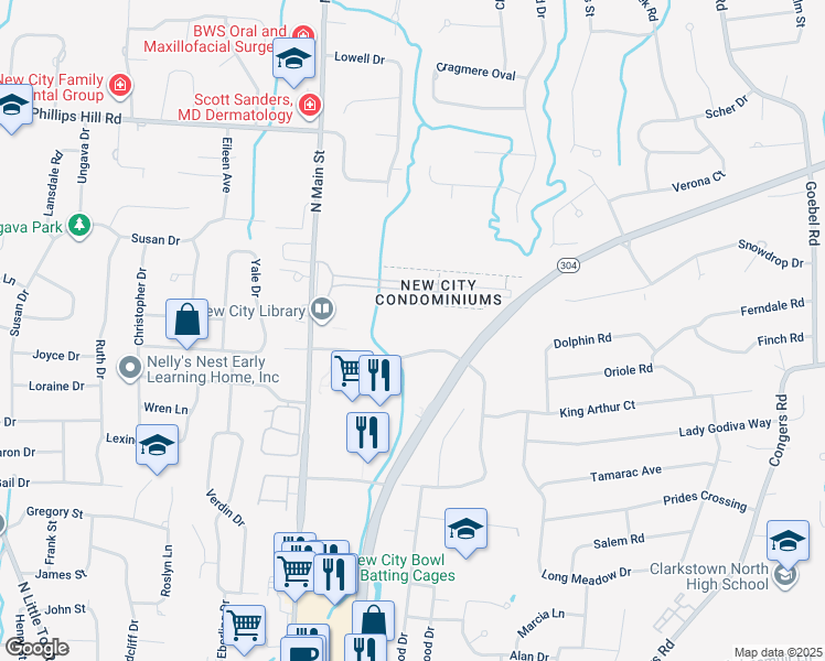 map of restaurants, bars, coffee shops, grocery stores, and more near 16 Squadron Boulevard in New City