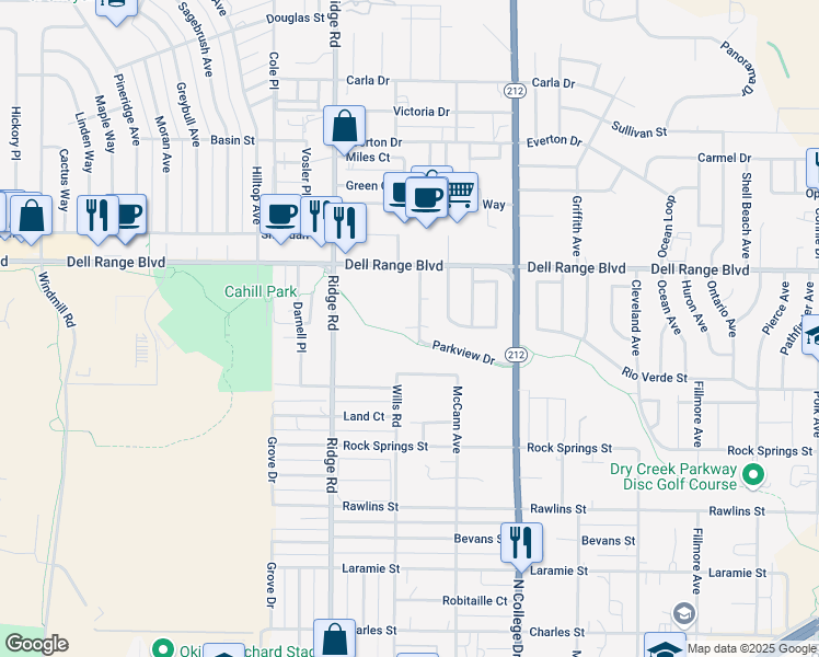 map of restaurants, bars, coffee shops, grocery stores, and more near 4407 Parkview Drive in Cheyenne