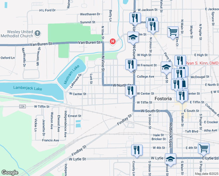 map of restaurants, bars, coffee shops, grocery stores, and more near 500-508 West North Street in Fostoria