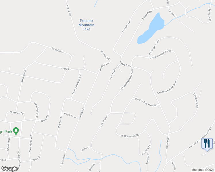 map of restaurants, bars, coffee shops, grocery stores, and more near Morning Dove Court in Bushkill