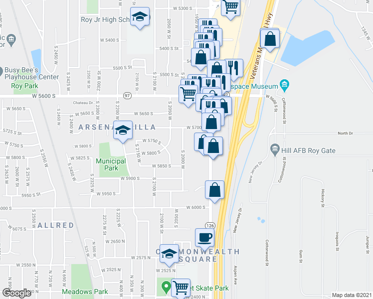 map of restaurants, bars, coffee shops, grocery stores, and more near 1951 West 5700 South in Roy